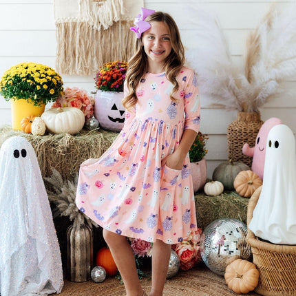 Spooky Sweetheart 3/4 Sleeve Pocket Twirl Dress - Dashing Nova