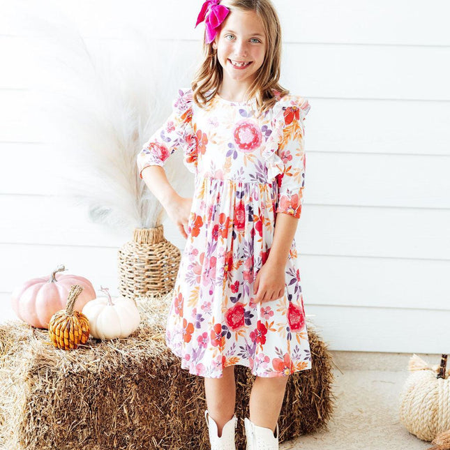 Tangerine Leaves 3/4 Sleeve Ruffle Twirl Dress - Dashing Nova