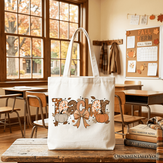 Teacher Coquette Autumn Tote Bag, Cozy Fall Pumpkin Gift Shopper for Educators