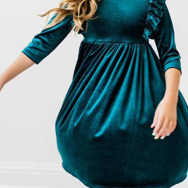 Teal Velvet Ruffle Twirl Dress - Dashing Nova