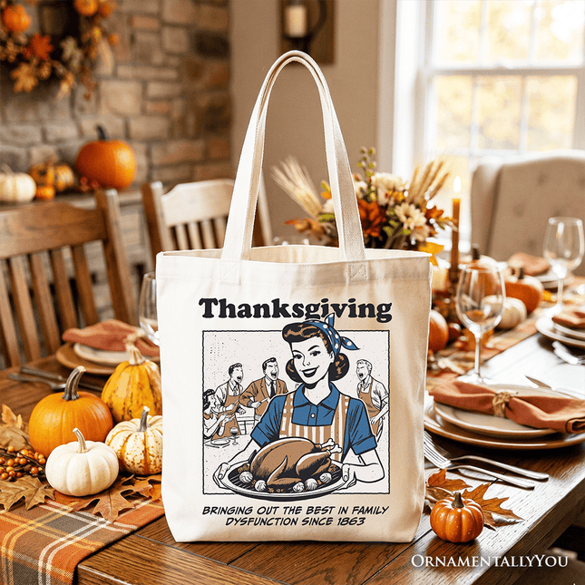 Thanksgiving Family Dysfunction Retro Tote Bag, Funny Holiday Humor Gift Shopper for Sarcastic Families