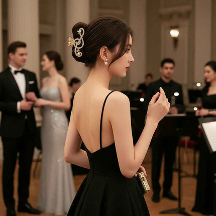 Treble Clef Hair Clip Sparkling Rhinestone Metal Gold Tone Butterfly Barrette for Music Lovers Formal Concert Wear