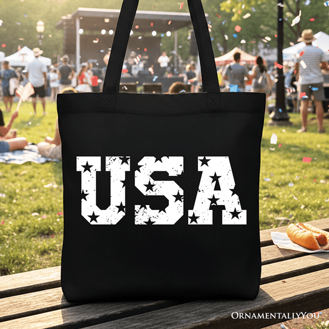 USA Block Letters Tote Bag, Vintage Patriotic Gift Shopper for Independence Day