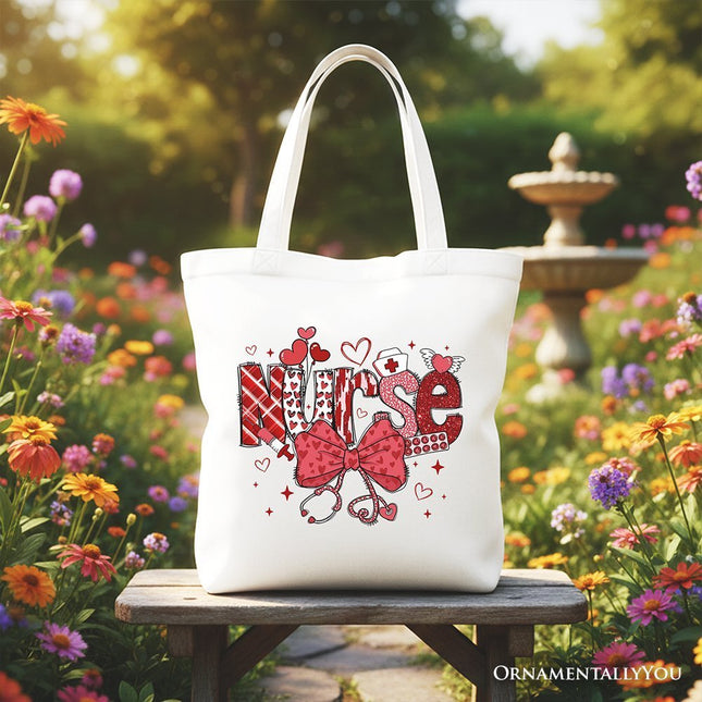 Valentine Nurse Coquette Bow Canvas Tote Bag, Cupid Favorite Nurse Work Shopper