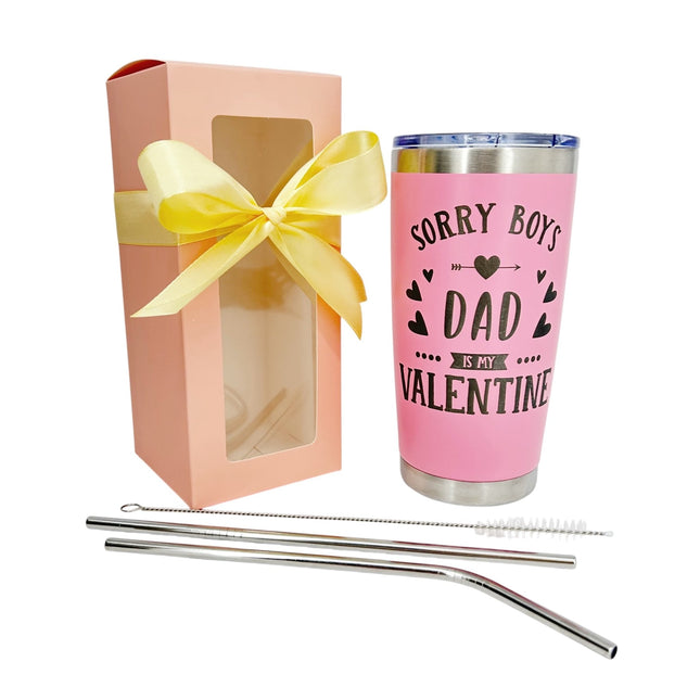 Valentine Tumbler Gift for Daughter, Dad is My Valentine, 20 oz Pink Stainless Steel Coffee Mug with Gift Box and Straws