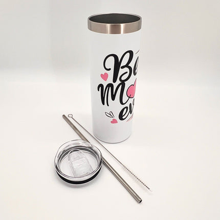 White Best Mom Ever Skinny Tumbler with Straw and Gift Box