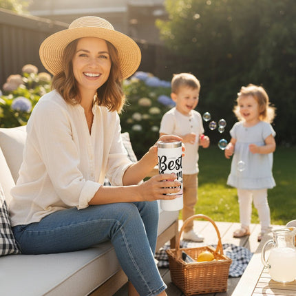 White Best Mom Ever Skinny Tumbler with Straw and Gift Box