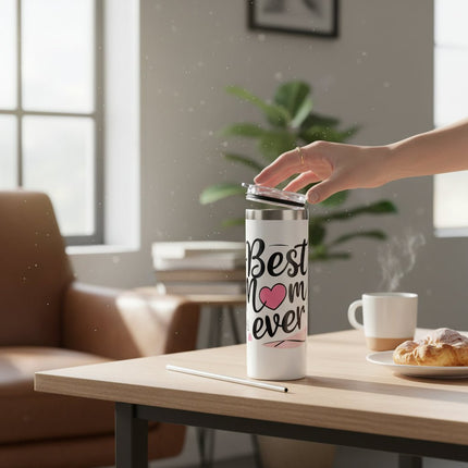 White Best Mom Ever Skinny Tumbler with Straw and Gift Box