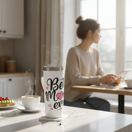 White Best Mom Ever Skinny Tumbler with Straw and Gift Box