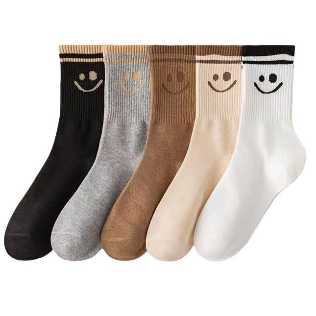 Women 5 Pairs Cute Smiley Face Print Cotton Crew Socks, Comfort Breathable, US 6 - 10