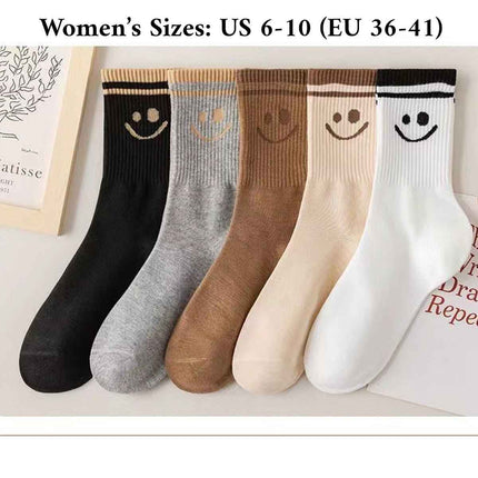 5 Pairs Smiley Face Crew Socks – Cute Cotton Socks for Women