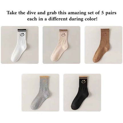 5 Pairs Smiley Face Crew Socks – Cute Cotton Socks for Women