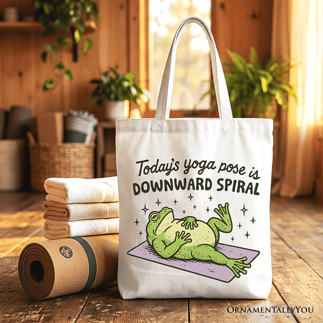 Yoga Frog Downward Spiral Tote Bag, Funny Mental Health Humor Gift Shopper