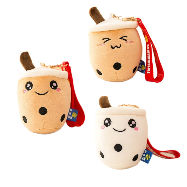 3 pcs Set Bubble Tea Round Cup Shape Soft Plush with strap Cute Boba Keychains