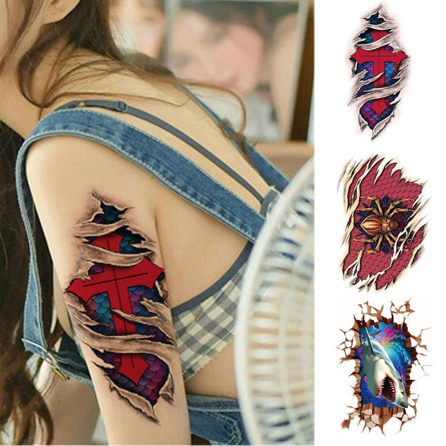 3 pcs Temporary Tattoo, Red Cross, Spider, 3D Shark Body Tattoos Half Sleeve