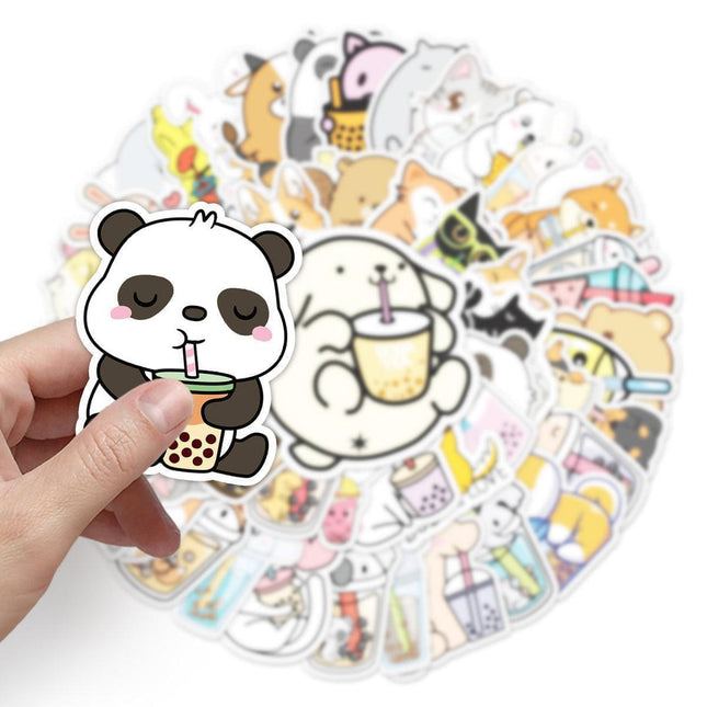 Boba Stickers Waterproof Cute Animal Bubble Tea Stickers 50 pcs