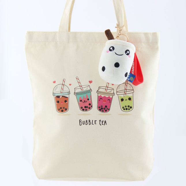 Canvas Boba Tote Bag Zipper with a White Boba Keychain