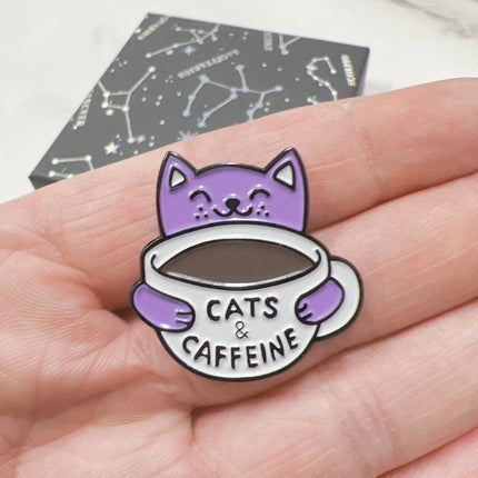 Cat Pin a Purple Cat with a Cup of Coffee