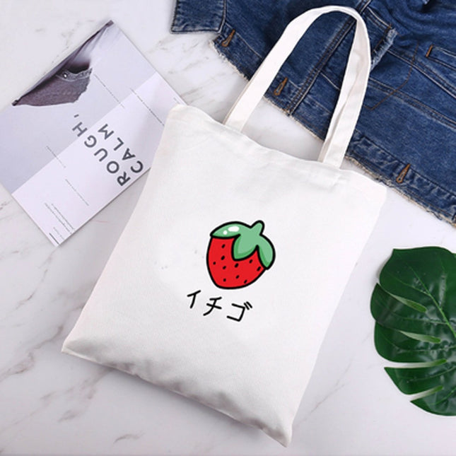 Japanese Kawaii Large Canvas Strawberry Tote Bag