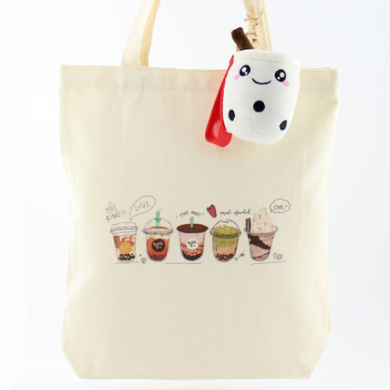 Milk Tea Bubble Tea Cute Canvas Women Tote Bag with Boba Plush Keychain
