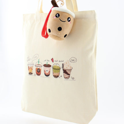 Milk Tea Bubble Tea Cute Canvas Women Tote Bag with Boba Plush Keychain