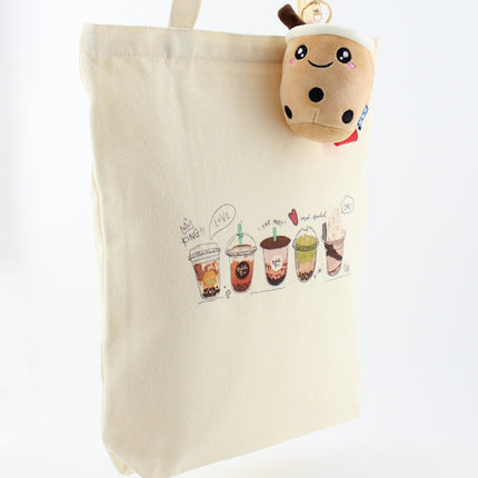 Milk Tea Bubble Tea Cute Canvas Women Tote Bag with Boba Plush Keychain