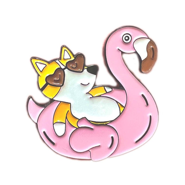 Puppy Lifestyle Sitting on a Pink Flamingo Lifebuoy Corgi Enamel Pin